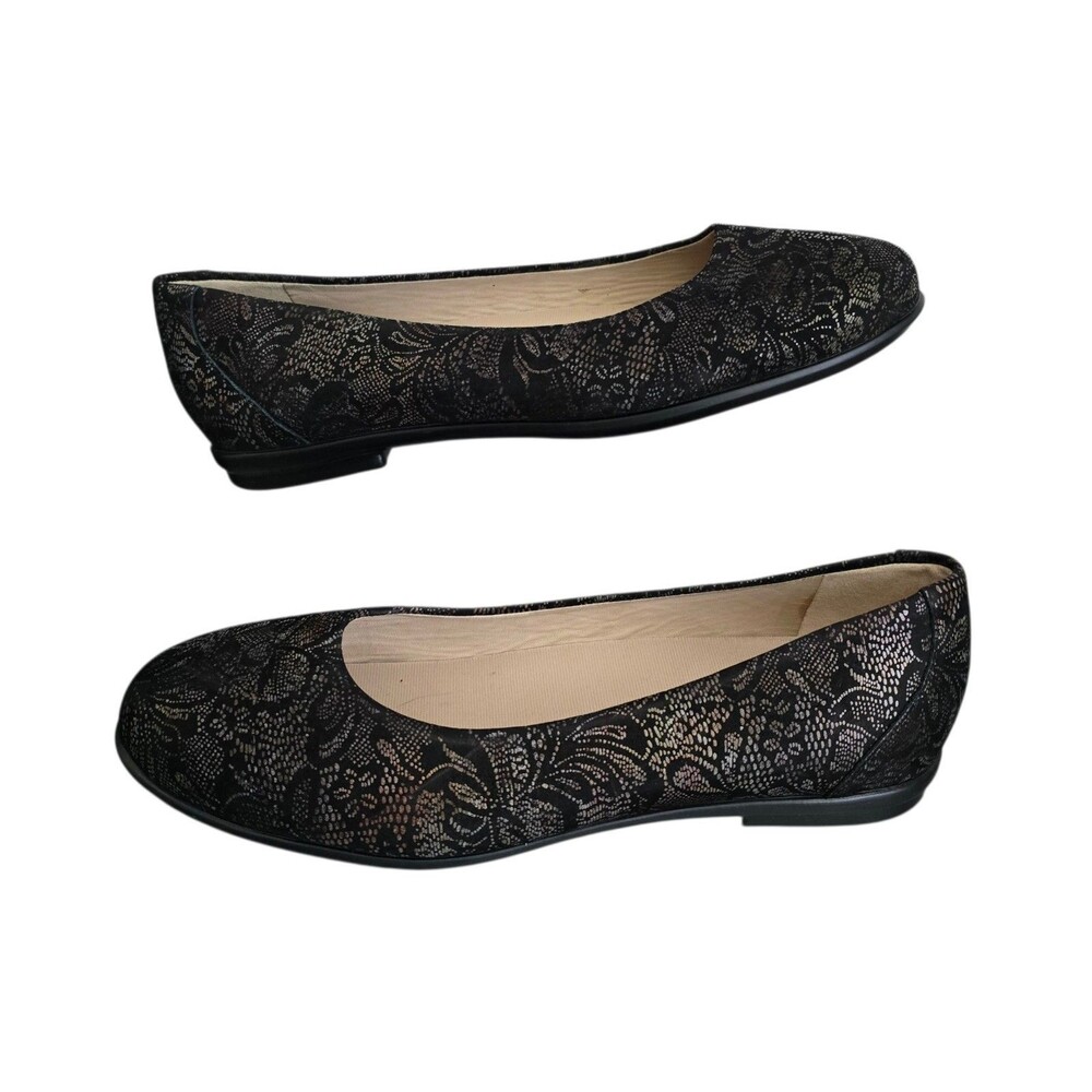⁠SAS Scenic Lace Print Flats Womens 11.5M Black Leather Slip On Shoes Worn Once